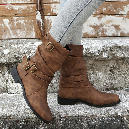 Solid Color Retro Mid Calf Boots - Ruched Buckle Decor Western Short Boots For Women