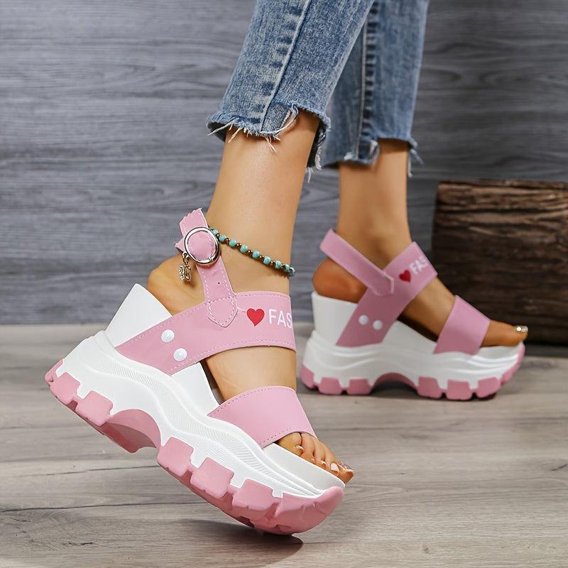 Women's Wedge Heeled Sandals, Platform Open Toe Ankle Strap Metal Buckled Sandals, Women's Fashion Casual Footwear