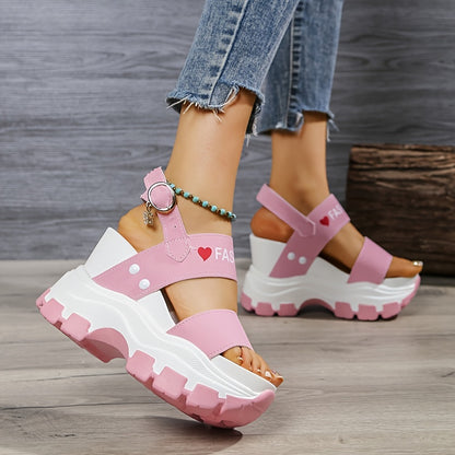 Women's Wedge Heeled Sandals, Platform Open Toe Ankle Strap Metal Buckled Sandals, Women's Fashion Casual Footwear