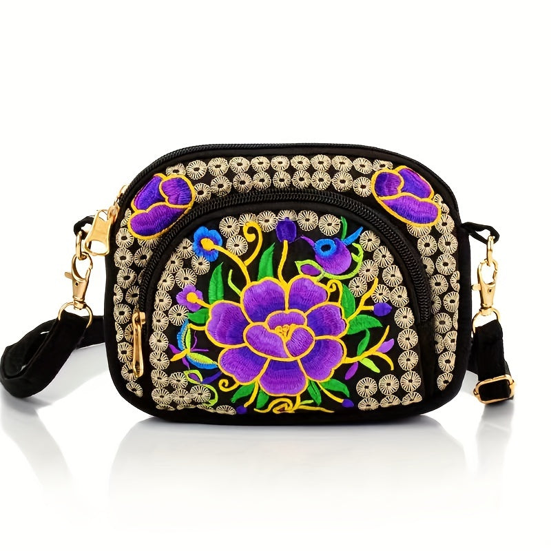 Vibrant Floral Embroidered Crossbody Bag for Women - Lightweight, Double-Sided Design with Detachable Strap, Zipper Closure, and Phone Pocket - Perfect for Casual Outings, Travel Accessory | Vibrant Pattern Bag | Coin Purse