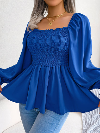 [Chic Blouse] Soft Chiffon Women's Casual Chic Square Neck Blouse | Long Sleeve Top with Flared Sleeves & Ruffled Hem - Solid Color, Machine Washable, Autumn Apparel, Versatile Clothing