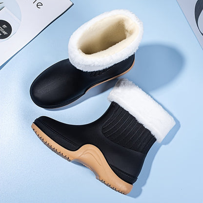 Women's Waterproof Mid Calf Boots, Fleece Liner Round Toe Platform Rain Boots, Women's Warm Plus Fashion Boots