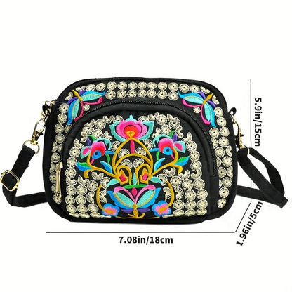 Vibrant Floral Embroidered Crossbody Bag for Women - Lightweight, Double-Sided Design with Detachable Strap, Zipper Closure, and Phone Pocket - Perfect for Casual Outings, Travel Accessory | Vibrant Pattern Bag | Coin Purse