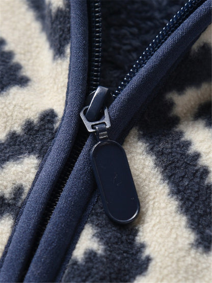 New Boys Vintage Plaid Printed Casual Thickened Warm Stand Collar Zipper Jacket