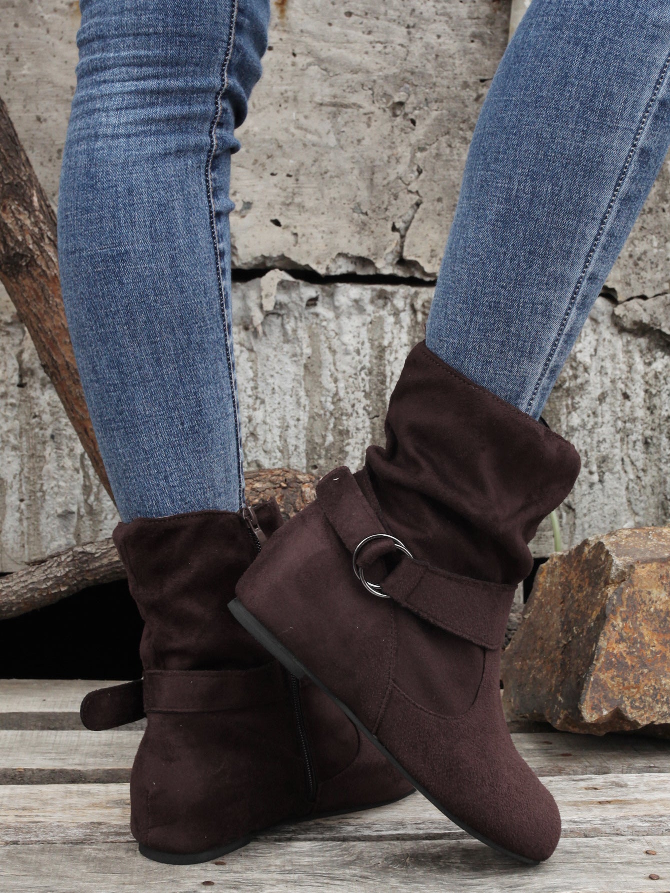 1.18inch Inner Height Increase Women's Short Boots with Flat Sole, Buckle Closure, Comfortable, Warm, and Lightweight