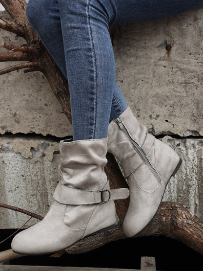 1.18inch Inner Height Increase Women's Short Boots with Flat Sole, Buckle Closure, Comfortable, Warm, and Lightweight