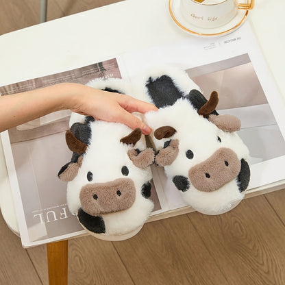 Cozy Home Cute Cartoon Cow Plush Half-Wrap Slippers, Couple's Matching Thickened Warm