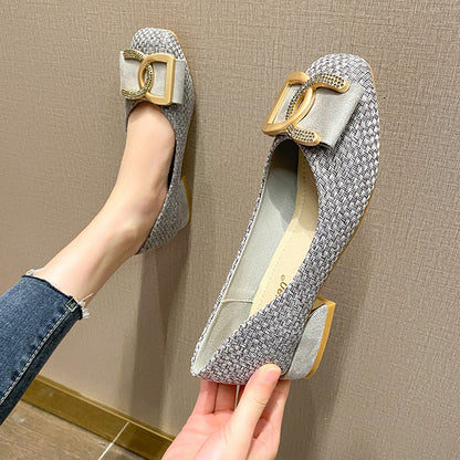 Small Fragrance Wind Single Shoe Women's Spring and Autumn New Outdoor Comfortable Versatile Soft Sole Low-Heel Non-Tiring Four Seasons Square-Toe Mid-Heel Flat Shoes