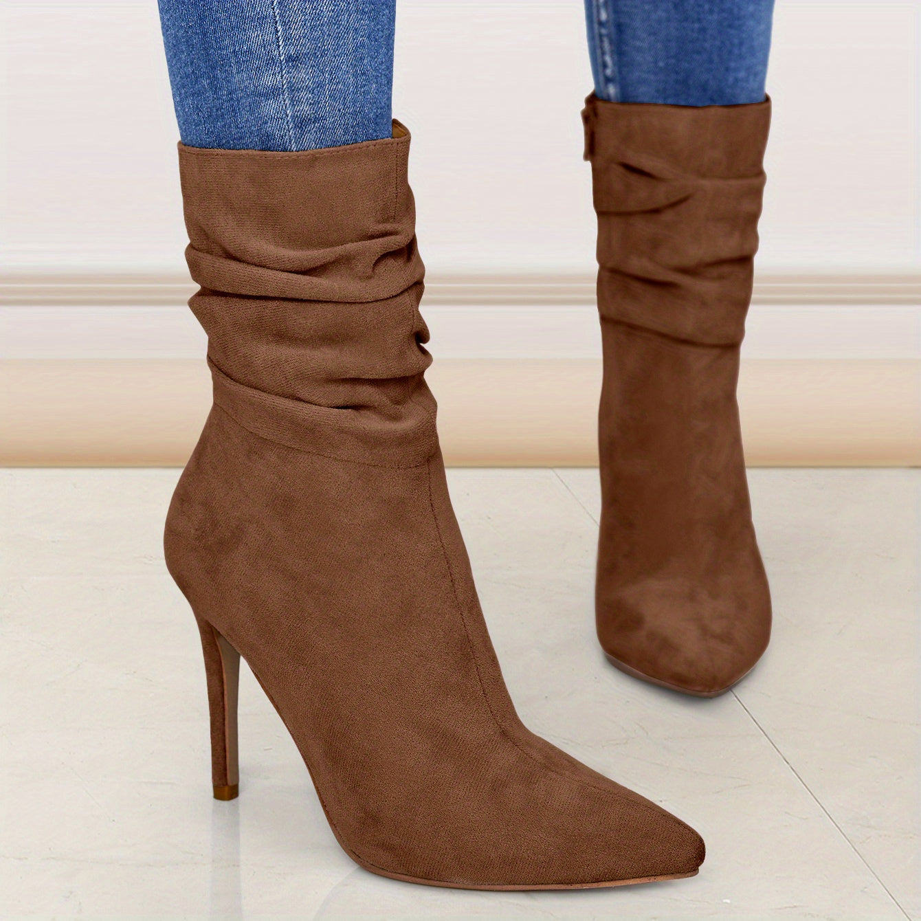 Women's Mid-Calf Boots, Plain Fashionable Boots with Zipper for Comfort and Casual Wear, Round Toe in the Middle of Calf