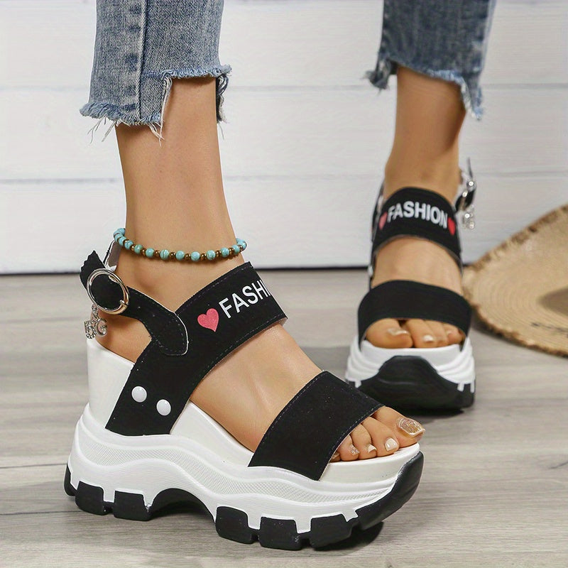 Women's Wedge Heeled Sandals, Platform Open Toe Ankle Strap Metal Buckled Sandals, Women's Fashion Casual Footwear