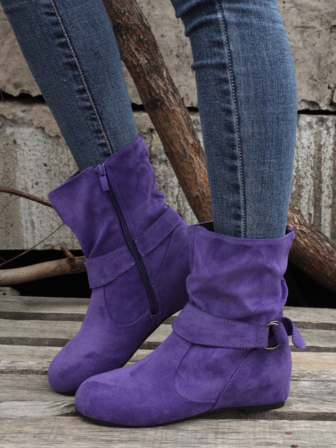 1.18inch Inner Height Increase Women's Short Boots with Flat Sole, Buckle Closure, Comfortable, Warm, and Lightweight