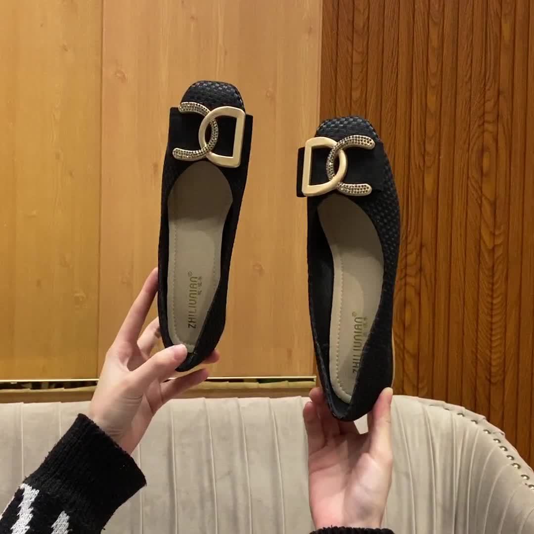 Small Fragrance Wind Single Shoe Women's Spring and Autumn New Outdoor Comfortable Versatile Soft Sole Low-Heel Non-Tiring Four Seasons Square-Toe Mid-Heel Flat Shoes