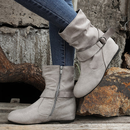 1.18inch Inner Height Increase Women's Short Boots with Flat Sole, Buckle Closure, Comfortable, Warm, and Lightweight