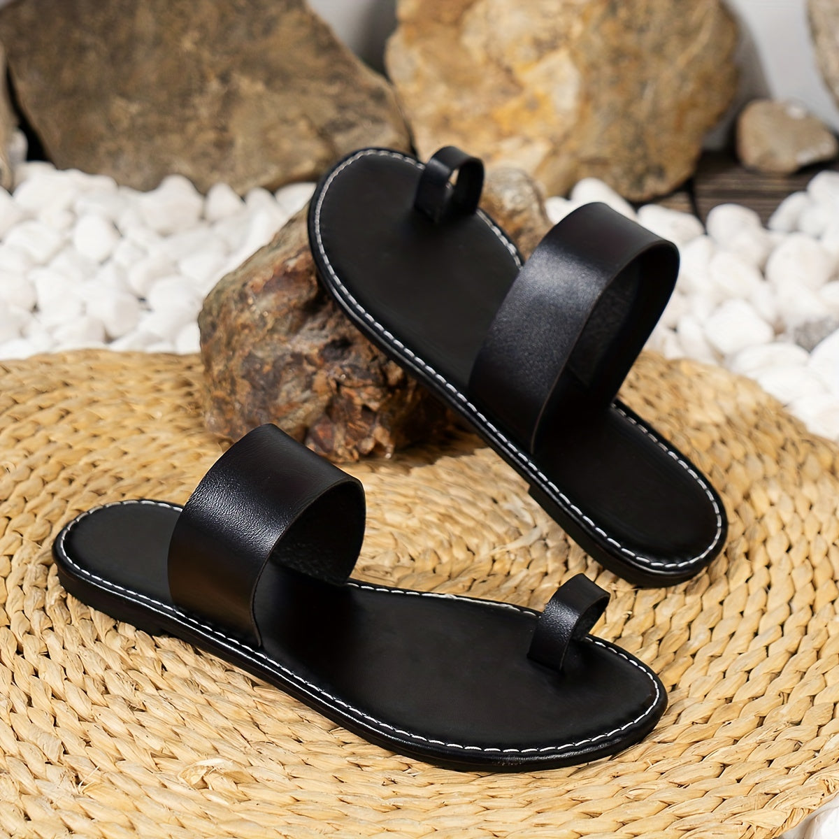 Women's Dark Brown Toe Loop Sandals, Open Round Toe Flat Comfy Fashion Slippers, Women's Indoor & Outdoor Slides