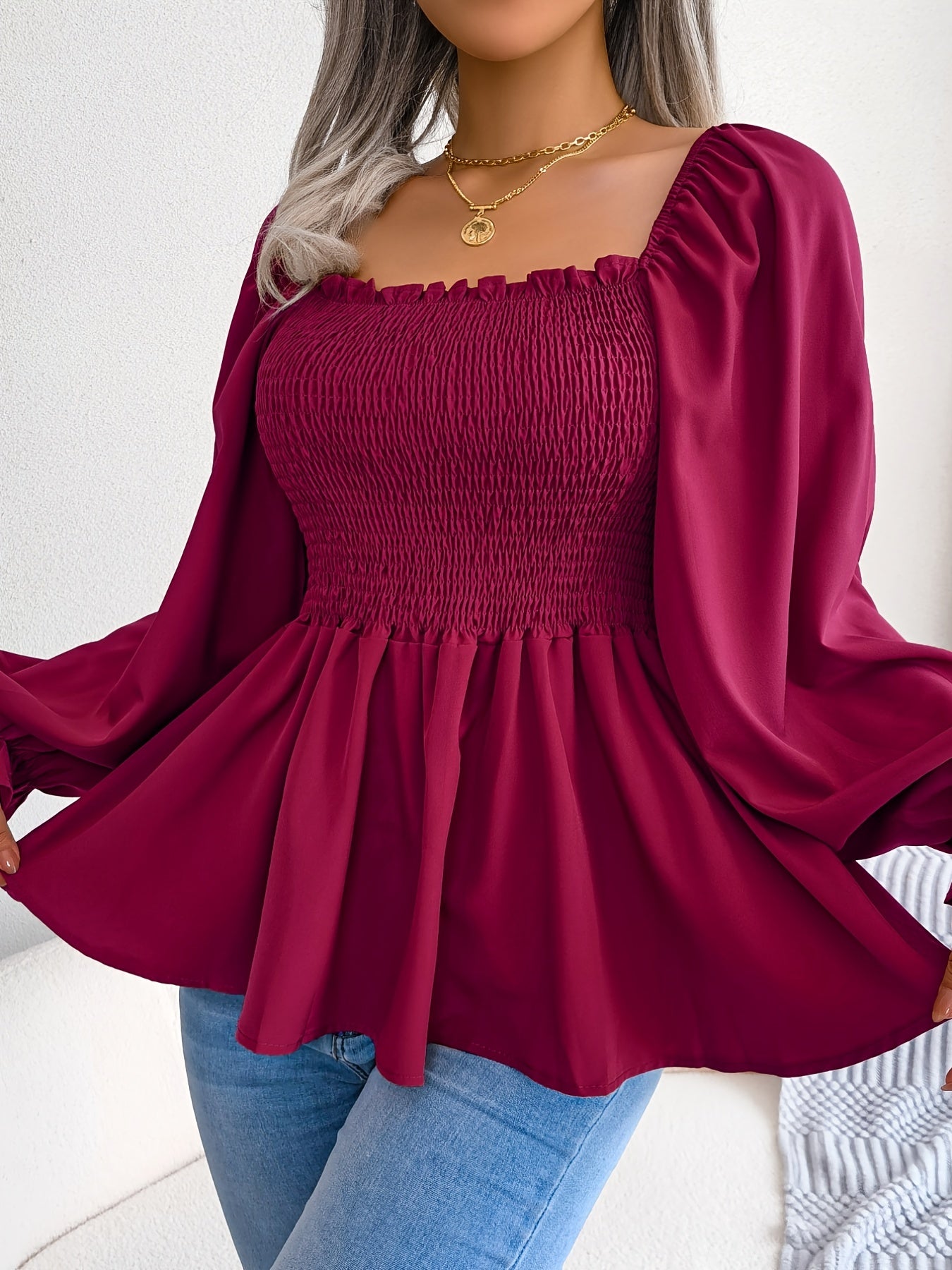 [Chic Blouse] Soft Chiffon Women's Casual Chic Square Neck Blouse | Long Sleeve Top with Flared Sleeves & Ruffled Hem - Solid Color, Machine Washable, Autumn Apparel, Versatile Clothing
