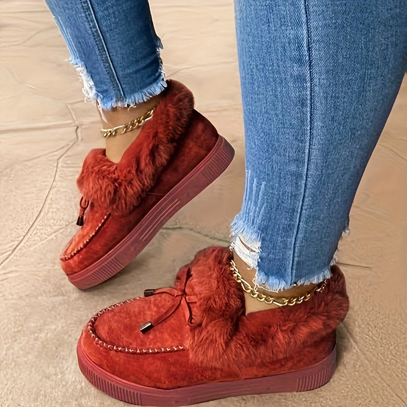 Women' Winter Snow Boots Suitable for Weather - Warm Plush Round-Toe Slip-On Ankle Boots with Soft Fabric Upper & Rubber Sole, Cozy Warmth for Snow/Ice - Plus Size Available