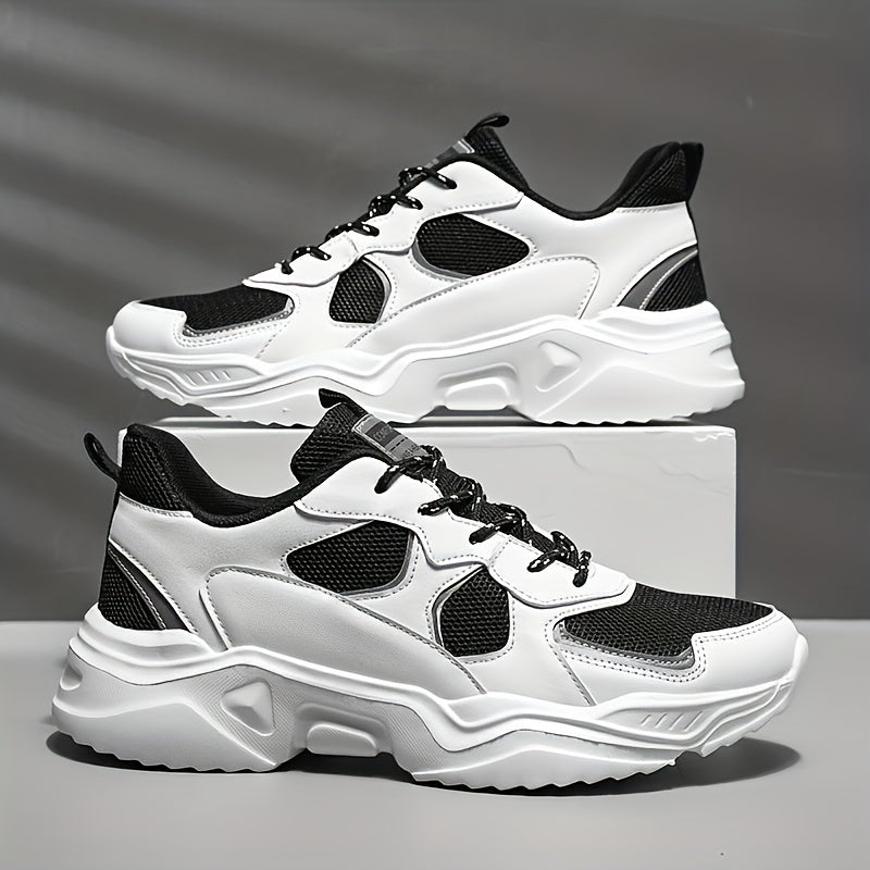 Men's Breathable Mesh Chunky Sneakers - White & Teal Casual Sneakers with EVA Sole, Lace-Up Design for All Seasons