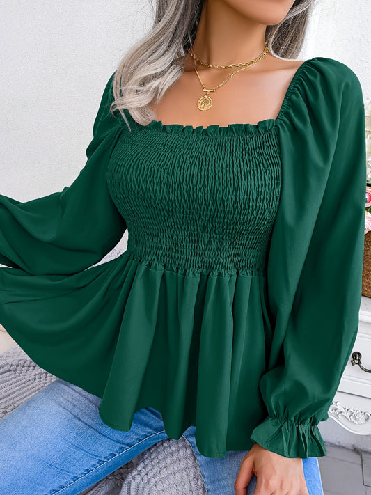 [Chic Blouse] Soft Chiffon Women's Casual Chic Square Neck Blouse | Long Sleeve Top with Flared Sleeves & Ruffled Hem - Solid Color, Machine Washable, Autumn Apparel, Versatile Clothing