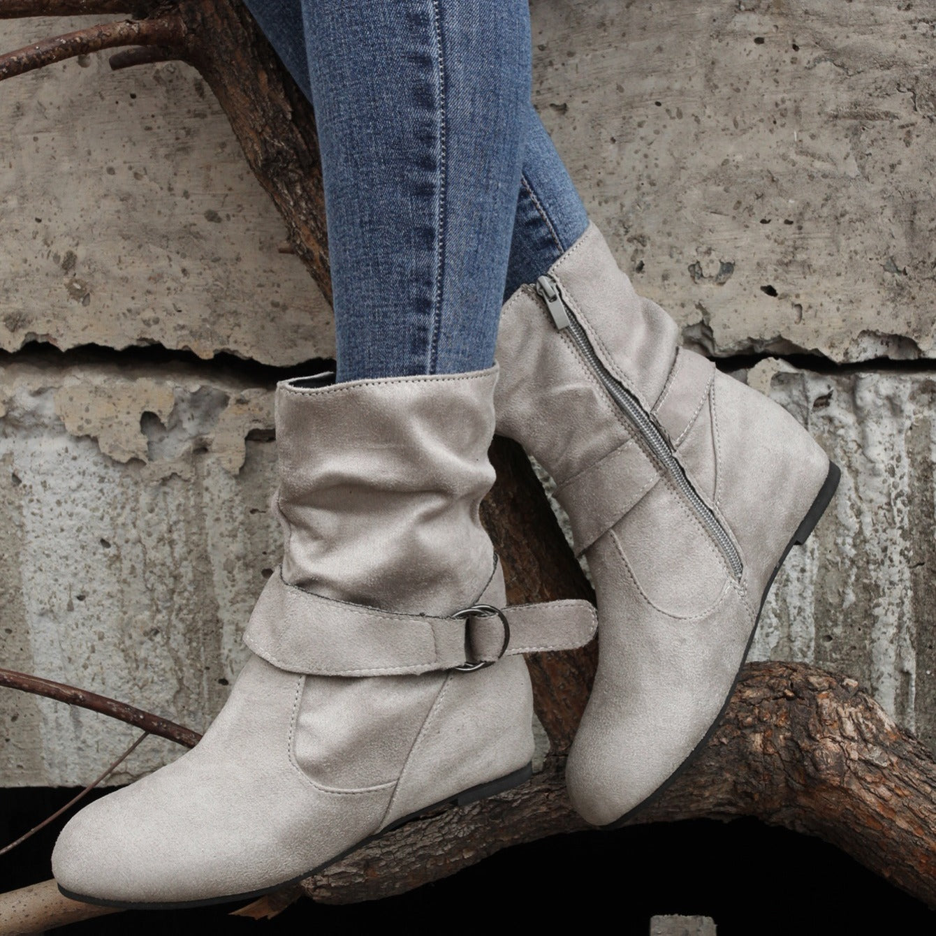 1.18inch Inner Height Increase Women's Short Boots with Flat Sole, Buckle Closure, Comfortable, Warm, and Lightweight